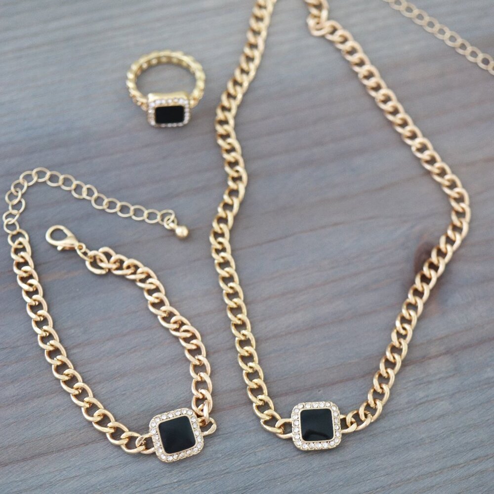 Black Square Halo Style Pendant Cuban Chain Necklace 18k Gold Plated Jewelry Set